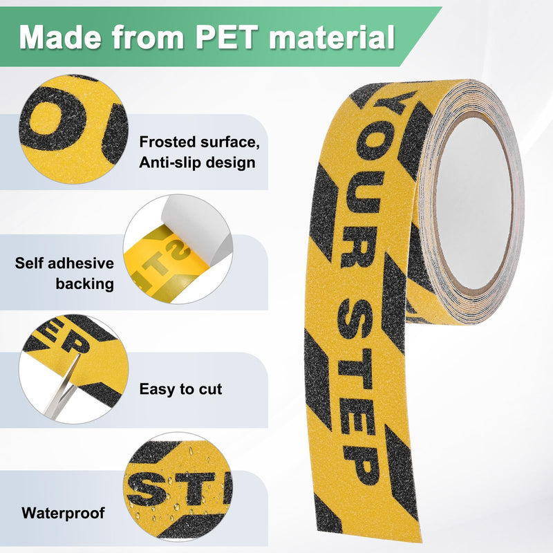 M METERXITY 1 Pcs WATCH YOUR STEP Floor Decals Stickers 2 x 197 Inch Watch Your Step Sign Warning Sticker Self-Adhesive Anti Slip Abrasive Tape for Indoor/Outdoor Stairs Step[Yellow Black]