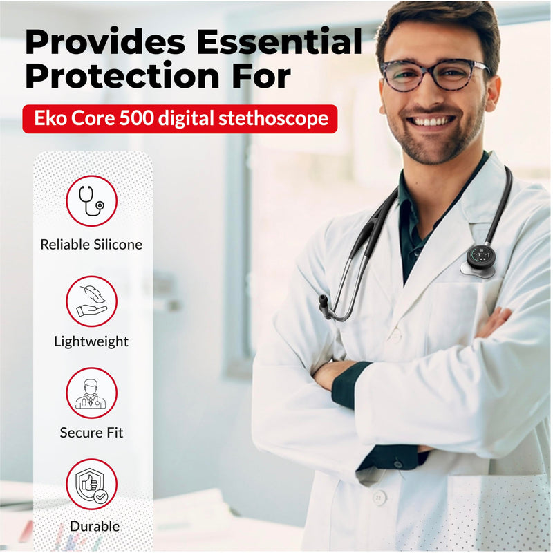 [Australia - AusPower] - Core Protection Kit for EKO Core 500 Digital Stethoscope – Silicone Chestpiece Cover, 2 Tempered Glass Screen Protectors, & Replacement Ear Tips (Black) 