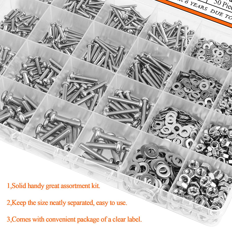 [Australia - AusPower] - 1280 Pieces M2 M2.5 M3 M4 304 Stainless Steel Phillips Pan Head Machine Screws, Metric Screws Bolts Washers Nuts Kit, 304 Stainless Steel 