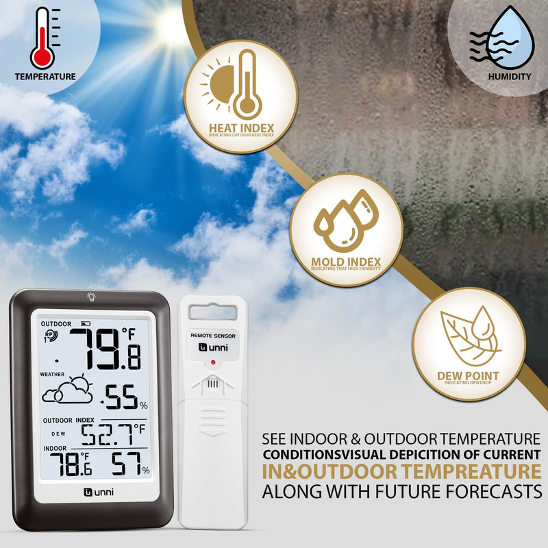 Indoor Outdoor Thermometer Wireless Weather Station, Temperature Humidity Monitor Battery Powered Inside Outside Thermometers with 330ft Range Remote Sensor and Backlight Display（Metal Black） Metal Black
