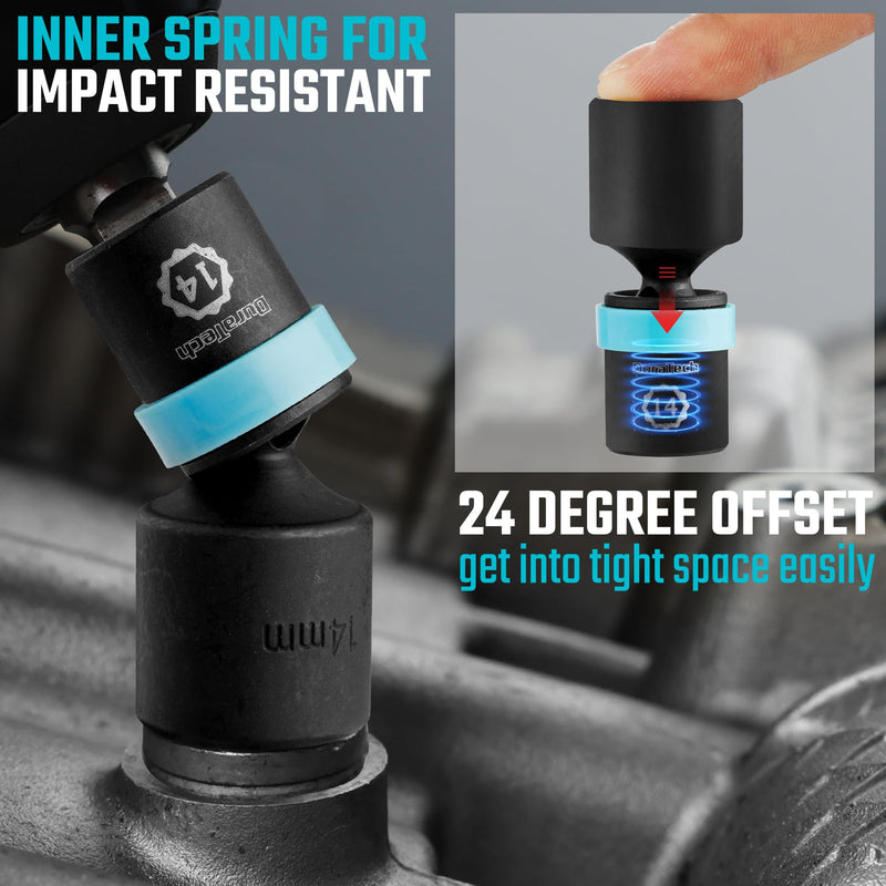 DURATECH 1/4" Drive Impact Universal Joint Socket Set, 14-Piece, 5mm-15mm | Swivel Socket Set, 360° Rotation, Metric, with 2" Extension Bars, 6-Point, Cr-Mo Steel, Organized in EVA Foam Organizer