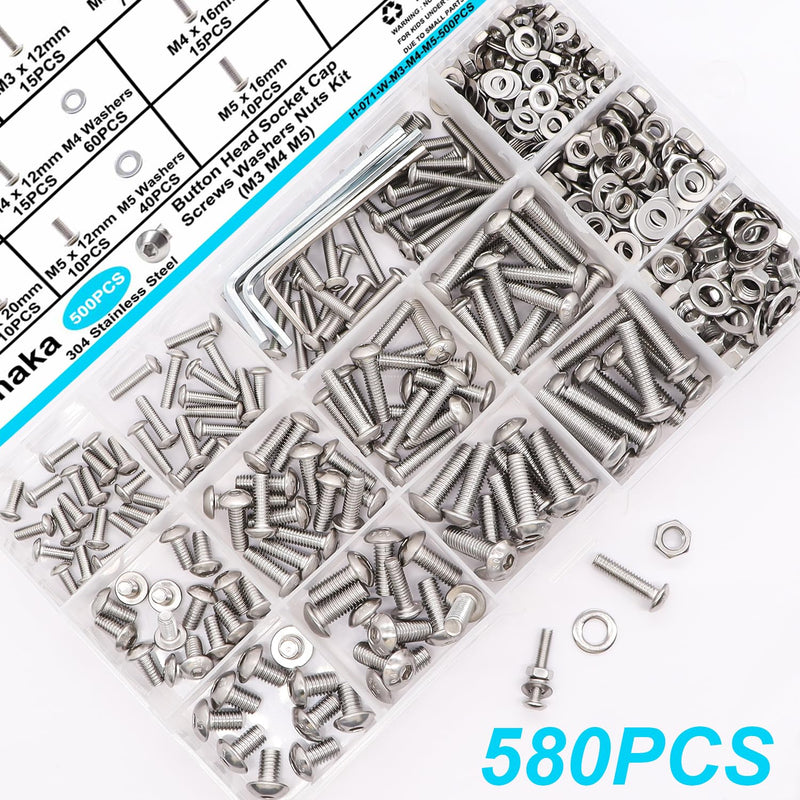[Australia - AusPower] - 500PCS M3 M4 M5 Metric Screw Assortment Kit, 8-20mm Button Head/Socket Head Cap Screws Bolts Nuts Washers Assortment Kit, 304 Stainless Steel Machine Screws with 3 Hex Wrench 