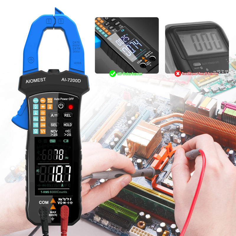 [Australia - AusPower] - AIOMEST Digital Clamp Meter, 6000 Counts Handheld Multimeter Slim Voltage Tester Auto-Range 60A/400A True-RMS w/NCV, DC & AC, Temp, Volt Ammeter AI-7200D 