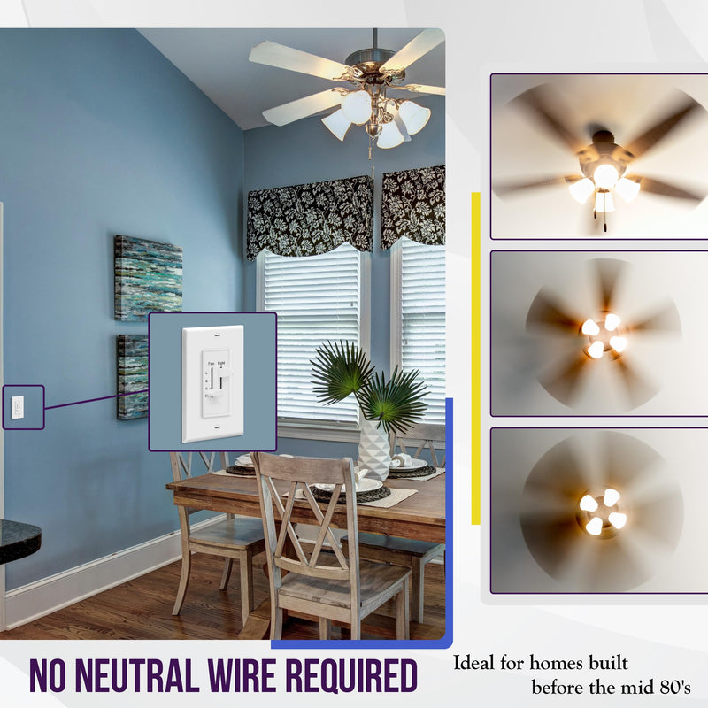[Australia - AusPower] - ENERLITES 3 Speed Ceiling Fan Control and Dimmer Light Switch, 2.5A Single Pole Light Fan Switch, 300W Incandescent Load, No Neutral Wire Required, 17001-F3-W, 120 Volts (AC), White, 2 Pack 