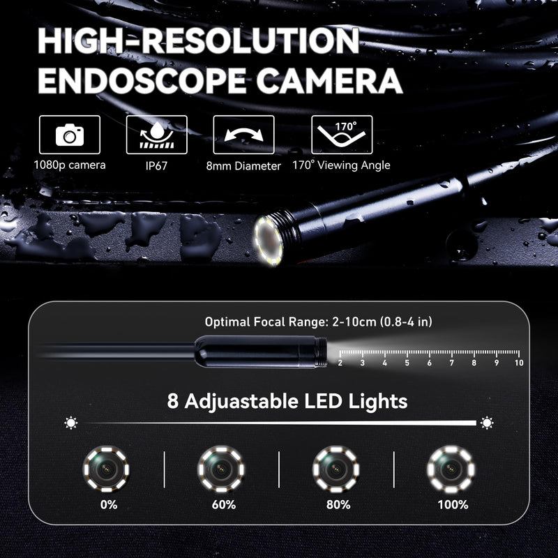 [Australia - AusPower] - 4.3" HD Endoscope Camera, IP67 Waterproof Inspection Borescope, 1080P Snake Camera with 8 LED Lights, 16.4FT Semi-Rigid Cable, Digital Sewer Camera for Home & Industrial Use 4.3" Single Len 