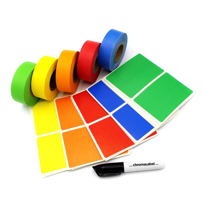 ChromaLabel Moving Labels Kit Color Code Tape & Label Pack, 150 Labels, 5 Rolls of Clean-Remove Tape, Permanent Marker