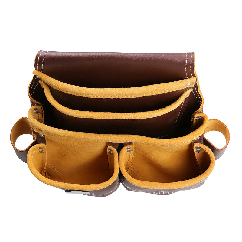 LAUTUS Oil Tanned Leather Tool Nail Pouch Bag |Cherry | Carpenter, Construction, Framers, Handyman | 5 Pockets, 2 Snap Loops | 100% Leather