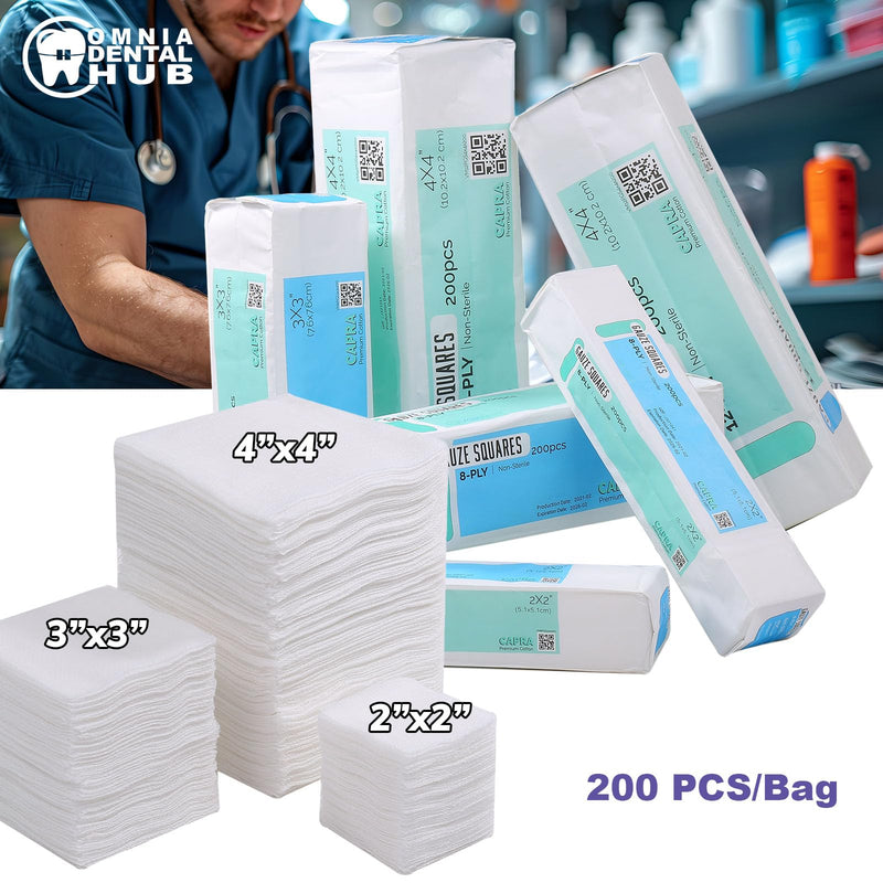[Australia - AusPower] - 200 PCs Capra Premium Cotton 4-Ply 4" x 4" Gauze Pads by Omnia ONE | 100% Pure Cotton – Soft, Absorbent, Non-Sterile – Ideal for Wound Care, Dental, Medical, and Cosmetic Use 4x4-4Ply 200 