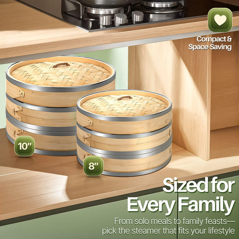 Flexzion Bamboo Steamer Basket Set (8 inch) with Stainless Steel Banding, 50 x Steamer Liners and 2 Pairs of Chopsticks, Steam Baskets for DimSum Dumplings, Rice, Vegetables, Fish and Meat