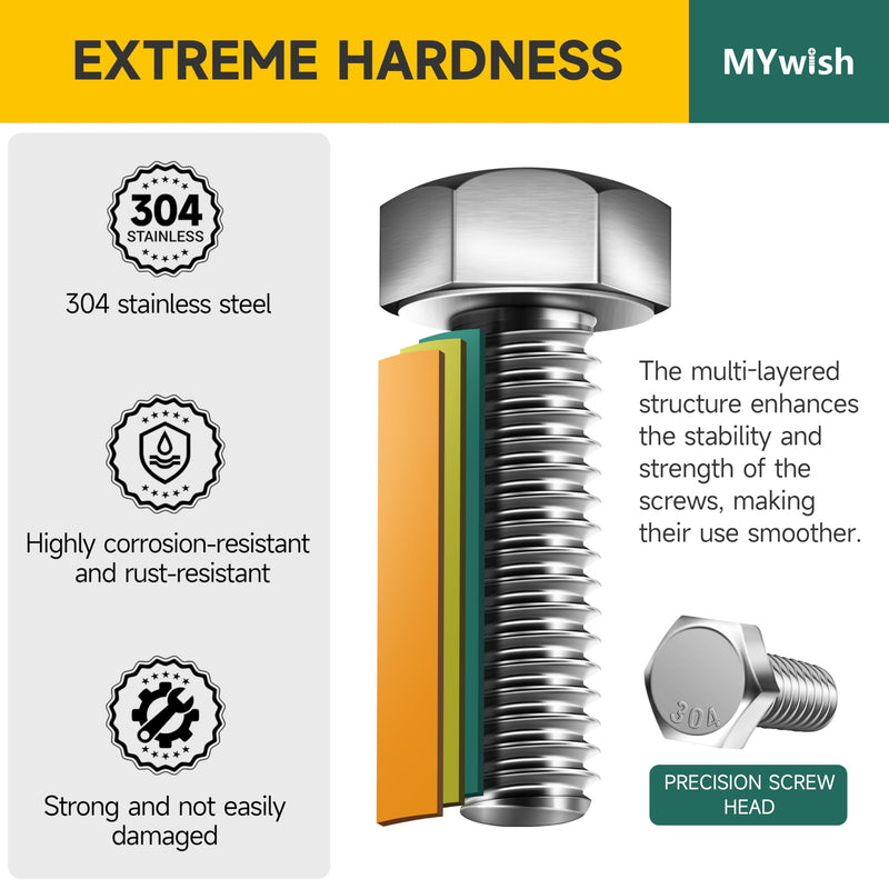 [Australia - AusPower] - Mywish 5/16 Bolts, 80Pcs 5/16-18 Bolts and Nuts Kit with 1-1/2", 2", 2-1/2", 3" Hex Bolts Kit, 304 Stainless Steel, Nut and Bolt Assortment Kit with Cross-Drilled Tail 5/16"-18 (80Pcs) 