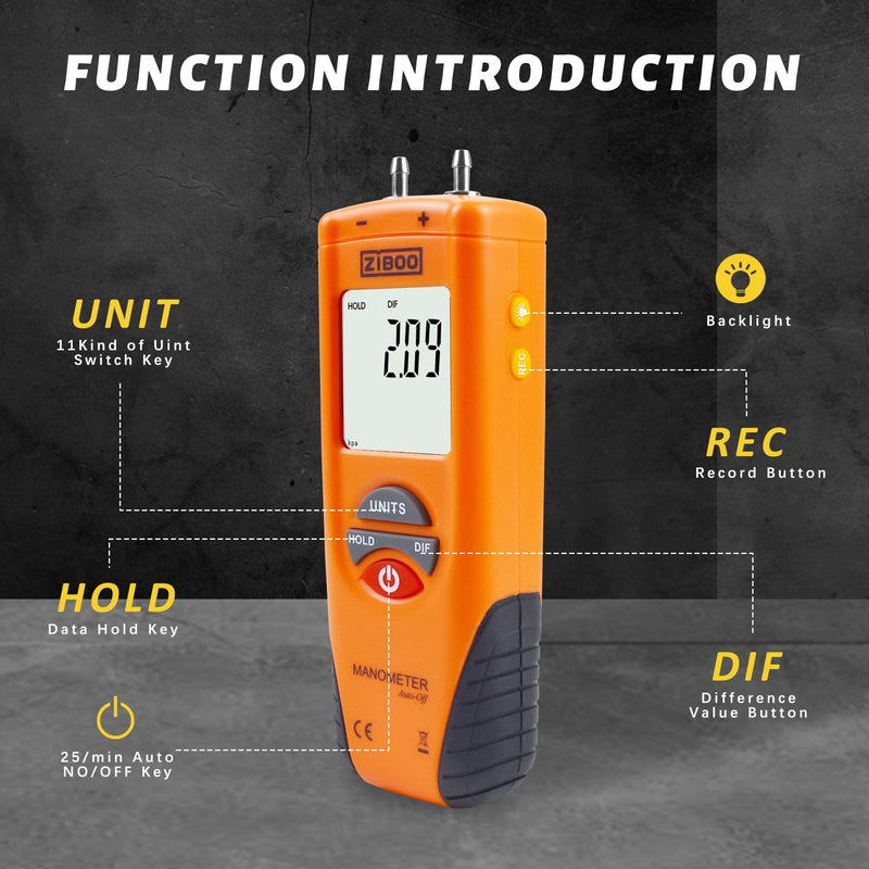 ZIBOO ET1013 Digital Manometer, Air and Gas Pressure Tester, Differential Dual Port Pressure Gauge, Large LCD Display with Backlight,HVAC Gas Pressure Tester ZIBOO ET1013