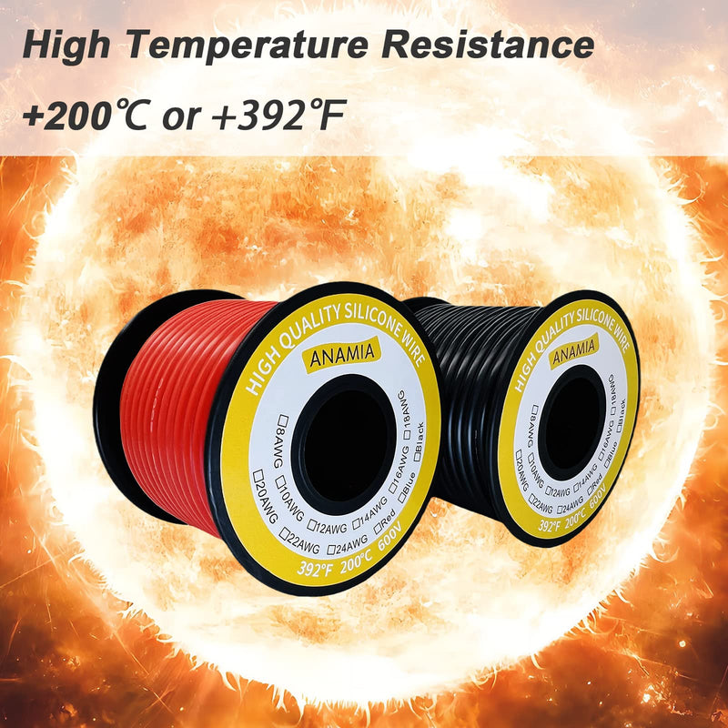 ANAMIA 12 Gauge Stranded Copper Wire 50ft, Flexible 12 AWG Silicone Wire, 200℃ High Temperature 12AWG Automotive Wire (25ft Black + 25ft Red Spools) Red & Black