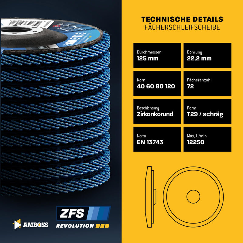 [Australia - AusPower] - Amboss Werkzeuge ZFS Serrated Disc Set Diameter 125 mm K41-120 (2 Pieces) for Steel/Stainless Steel Polishing Deruster, Fillet Seam Grinding, Blue Angle Grinder, Professional Zircon Grinding Mop Diameter: 125 mm ZFS sanding discs set of 8. 