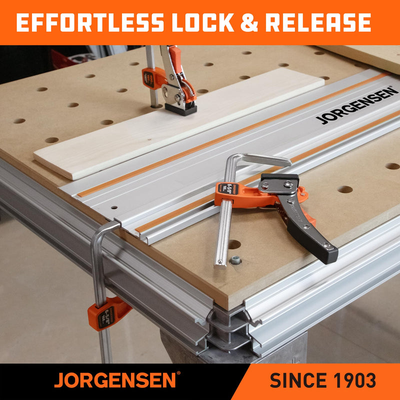 Jorgensen 6-5/8" Ratcheting Table Clamp, Quick Release Track Saw Clamp, Guide Rail Clamps for MFT Table and Guide Rail System, 2-7/8" Throat Depth, 400lbs Load Limit 1