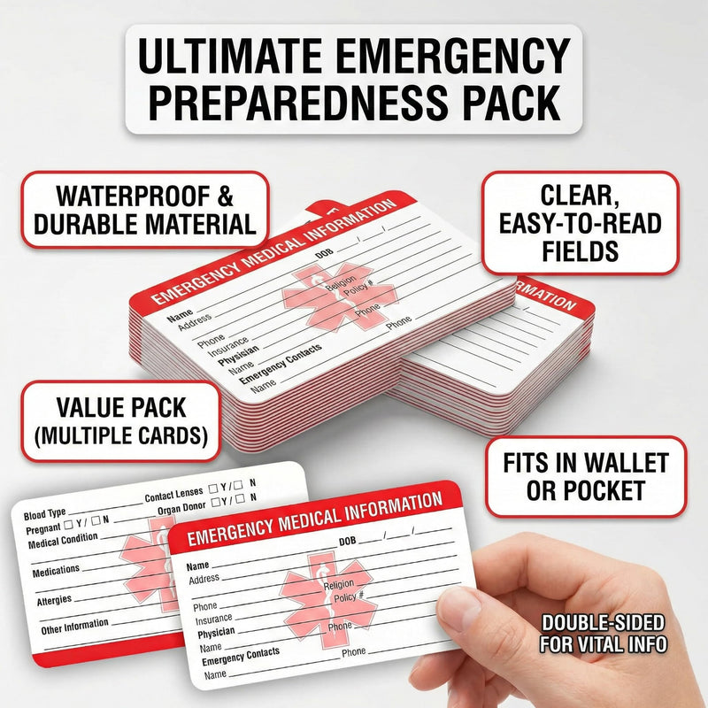 Pack of 10 Emergency Contact ID Cards for Medical Information - Medical Emergency Card Emergency Contact ID Cards for Wallet & Cell Phone Signal Red Heavy Duty Cardboard Bag Handbags