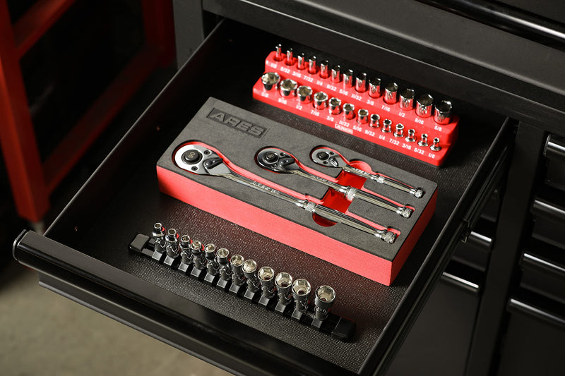 ARES 39009-12-Piece 1/4-Inch Drive Metric Flex Socket Set - 6 Point Sockets Constructed From Premium Heat Treated Chrome Vanadium Steel - Storage Rail Included 12-Piece 1/4-Inch Drive Metric Set