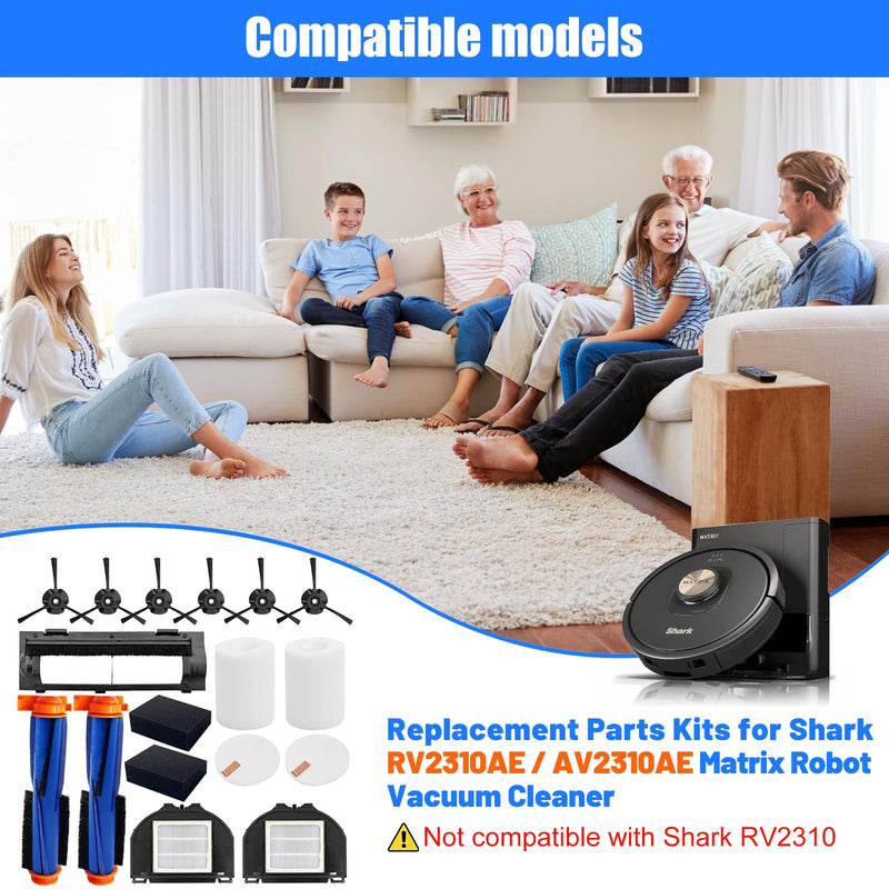 RV2310AE Replacement Parts for Shark AV2310AE/RV2320S/RV2300S/UR2360S Matrix Robot Vacuum 2 Roller Brushes, 6 Side Brushes, 2 HEPA Filters, 2 Foam & 2 Sponge Filters, 1 Main Brush Cover-15 Pack Kits with Roller Cover