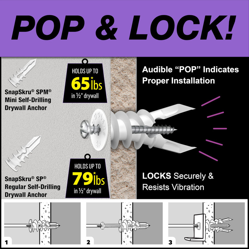 TOGGLER SnapSkru SPM Mini Self Drilling Drywall Anchor, Glass Filled Nylon, Made in USA, Heavy Duty Dry Wall Anchors for #6 to #8 Fasteners, (Pack of 200 - Screws not inculded) 200 Pack w/o Screws