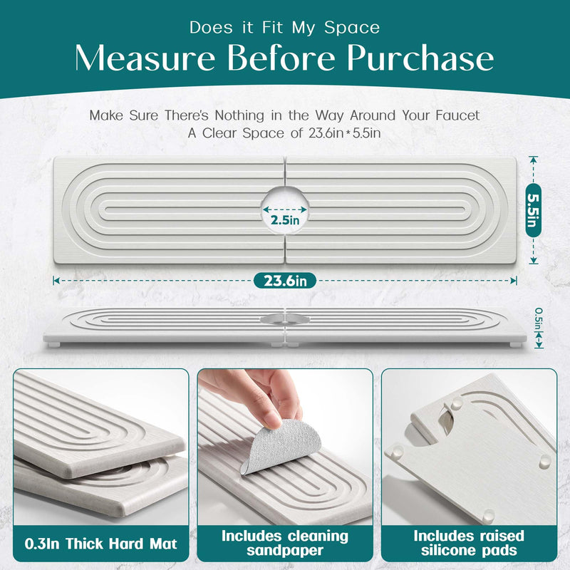 Large Faucet Mat for Kitchen Sink - Stone Drying Mat for Kitchen Counter, Diatomite Fast Drying Stone Sink Tray, Super Absorbent, Stylish Decor and Protector for Bathroom (Light Grey, 23.6" x 5.5") Light Grey 23.6" x 5.5"