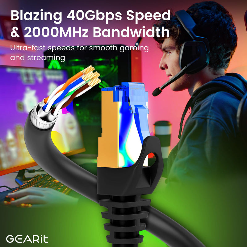 GEARit Cat8 RJ45 (75FT) Shielded Cable, 26AWG, 40Gbps 2000Mhz SFTP Patch Cord, Heavy Duty High Speed Cat8 LAN Network Ethernet Wire, in Wall, Outdoor, Weatherproof Rated for Router, Modem, Gaming Round Cable - Cat 8 Black 75 Feet