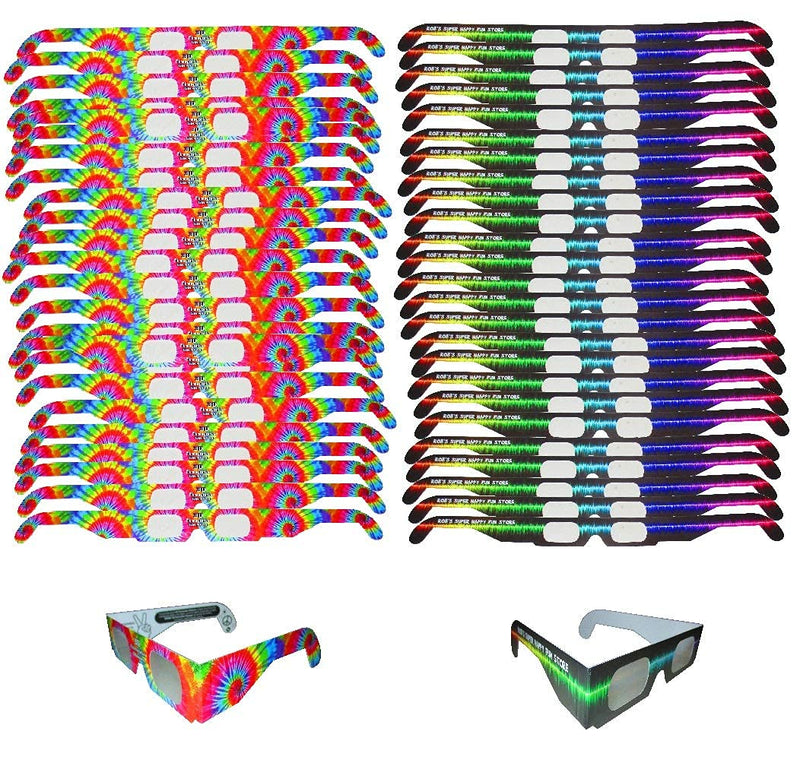 [Australia - AusPower] - Fireworks Diffraction Prism Glasses - Trippy Tie Dye and Rave Waves Frame Designs - 50 Paper Glasses Total - See Rainbow Bursts of Color From Prismatic Lenses 