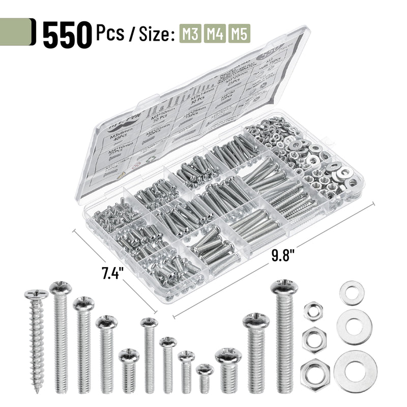 [Australia - AusPower] - Mr. Pen- Nuts and Bolts Assortment Kit, 550 pcs, Carbon Steel M3 M4 M5 Phillips Pan Head Assorted Nuts and Bolts, Machine Screw Assortment Kit with Clear Storage Box 