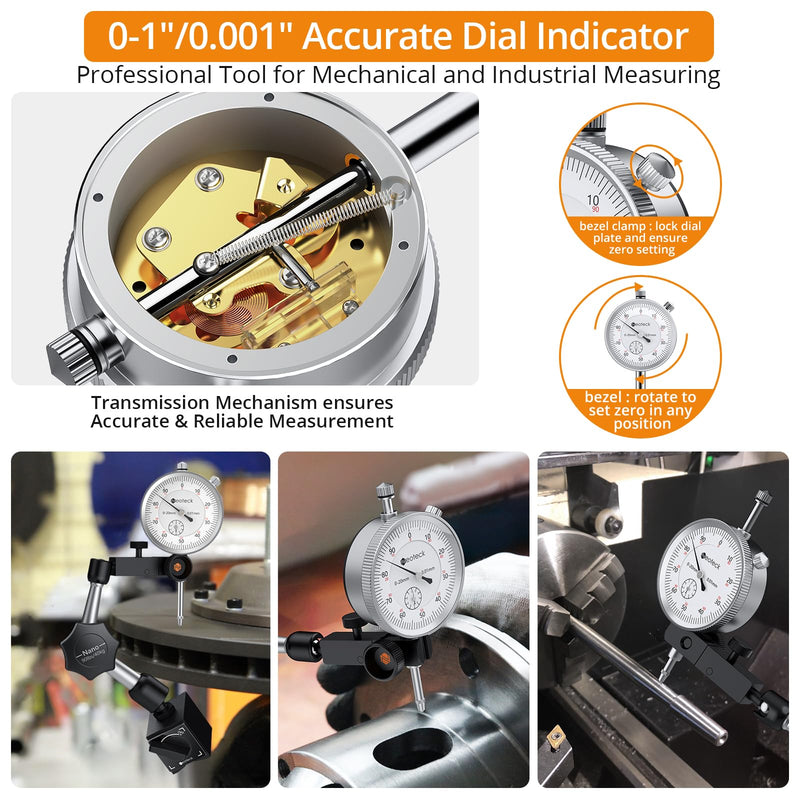 Neoteck Dial Indicator and Magnetic Base 20 mm Dial Indicator Set (0.01 mm) Measuring Tool for Laboratory Workshop 3D Printer - 90 lbs (40 kg) Max Pull