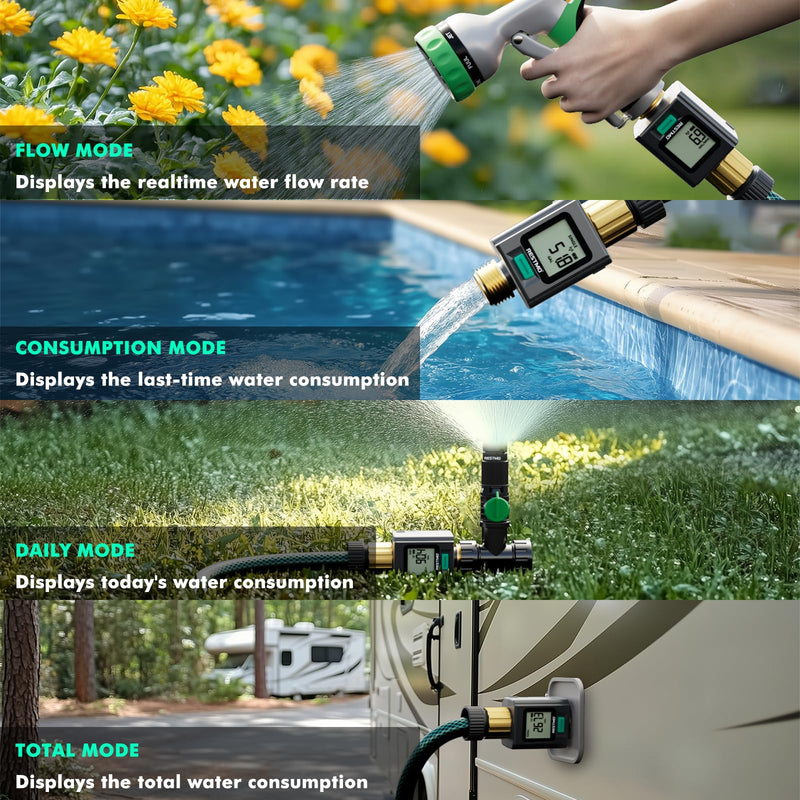 [Australia - AusPower] - RESTMO Smart Water Flow Meter with Screen Backlight, Brass Inlet & Outlet, Measuring Gallon/Liter Consumption & Flow Rate for Garden Watering, RV Filling, Sprinklers & Nozzle - APP Control Bluetooth Connection 