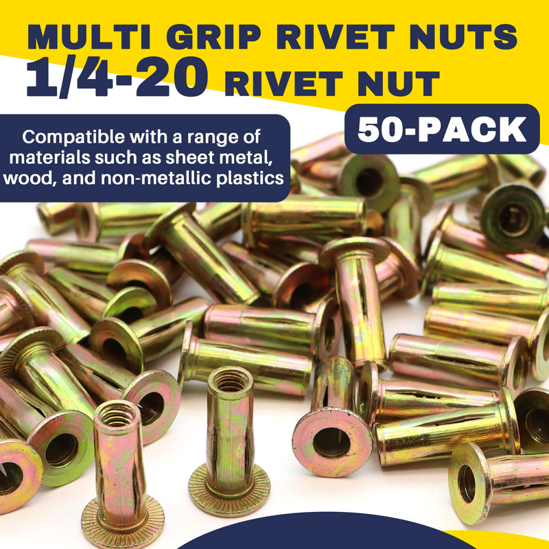 [Australia - AusPower] - 50 Pack 1/4-20 Multi-Grip Rivet Nuts - Zinc-Plated Steel Construction Fasteners - Pre-Bulbed Shank - Flat Head Threaded Insert Plus Nut - Ideal for Household Items, Automobiles 50 Pack 