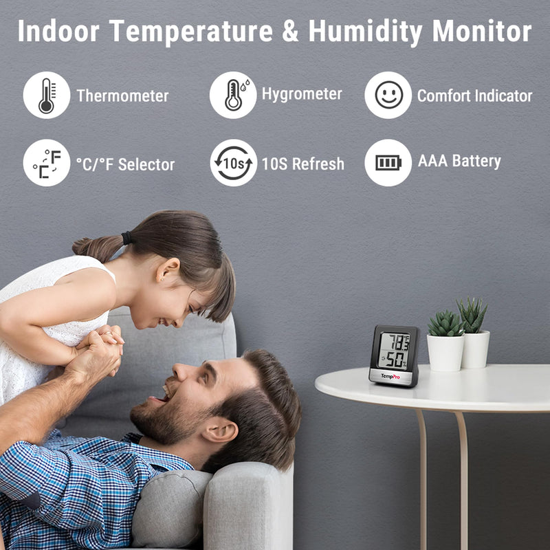 TempPro TP49 3 Pieces Digital Hygrometer Indoor Thermometer Humidity Meter Mini Hygrometer Thermometer with Temperature and Humidity Monitor Room, Black (Previously ThermoPro) Pitch Black