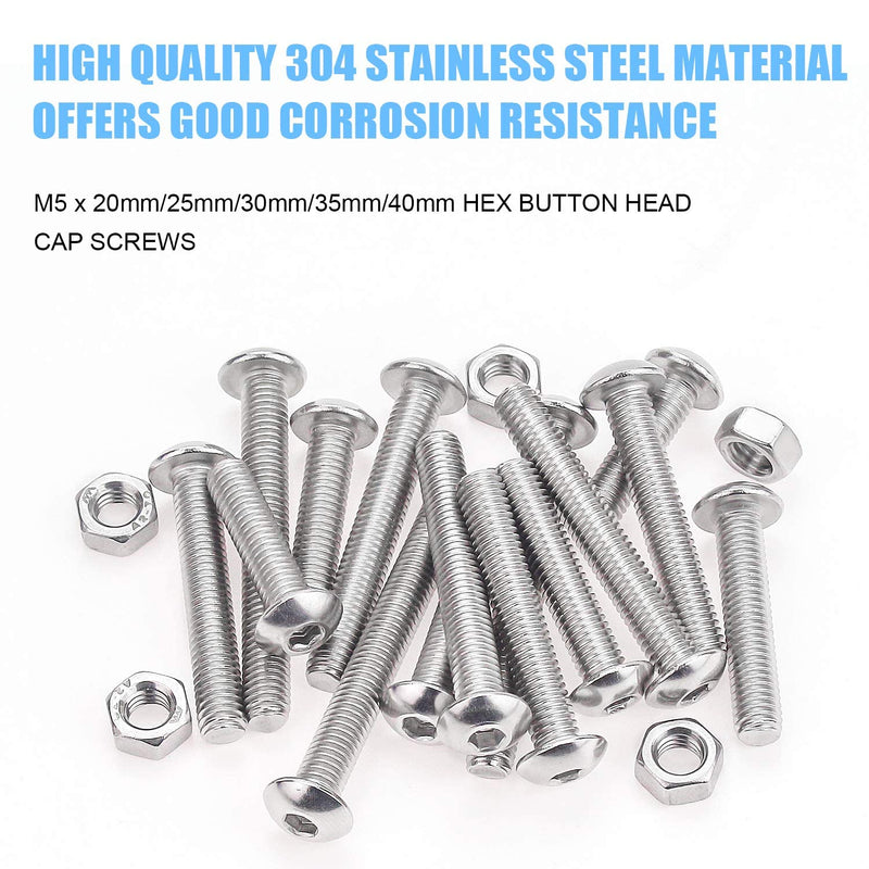 [Australia - AusPower] - DYWISHKEY 100 Pieces M5 x 20mm/25mm/30mm/35mm/40mm Stainless Steel 304 Hex Button Head Cap Bolts and Nuts Kit 