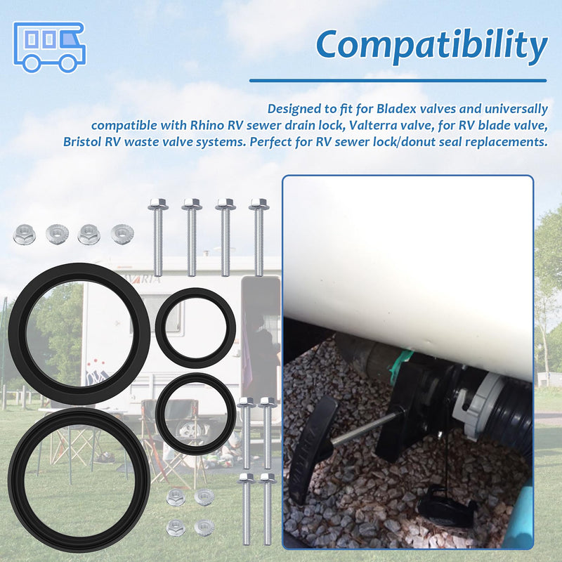 T1001-9VP+T1003-9VP Bladex Waste Valve Sealing Rings, Compatible with Valterra Valves | 3" for RV Sewer Donut Seal Replacement Kit with Hardware (1-1/2 inch + 3 inch (T1001-9P+T1003-9VP) 1-1/2 inch + 3 inch (T1001-7VP+T1003-9VP)