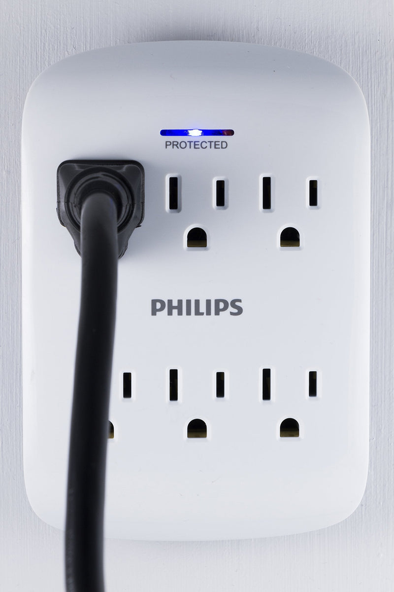 [Australia - AusPower] - Philips Philips 6-Outlet Extender Surge Protector, 900 Joules, 3 Prong, Space-Saving Design, Protected Indicator LED Light, 4 Pack, White, SPP3469WA/37 