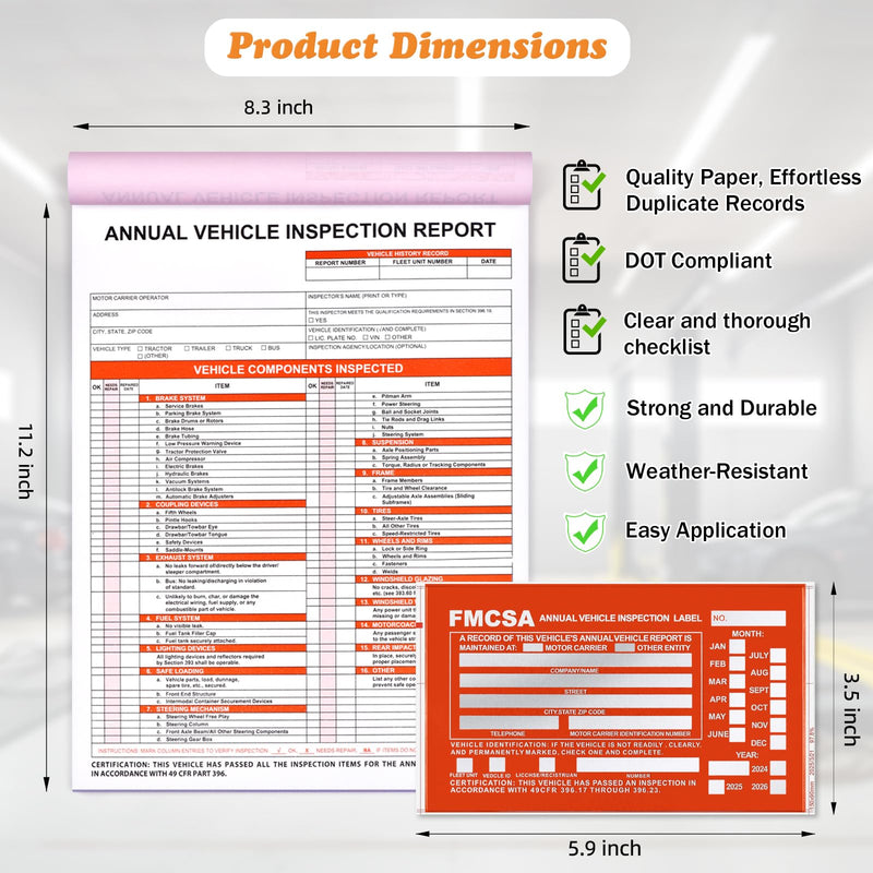 30 Pack Annual Vehicle Inspection Report Forms & 30-Pk Red Aluminum FMCSA Adhesive Labels/Stickers, 3-Ply Carbonless Inspection Sheet Book with Hardboard, DOT Compliant
