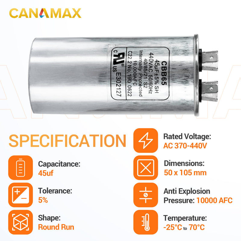 [Australia - AusPower] - Canamax 45 uf ± 5% MFD 370 Or 440V Round Run Capacitor - Replacement for Air Conditioner 50/60Hz for AC Motor Run or Fan Start and Cool or Heat Pump Air Conditioner 45uf 