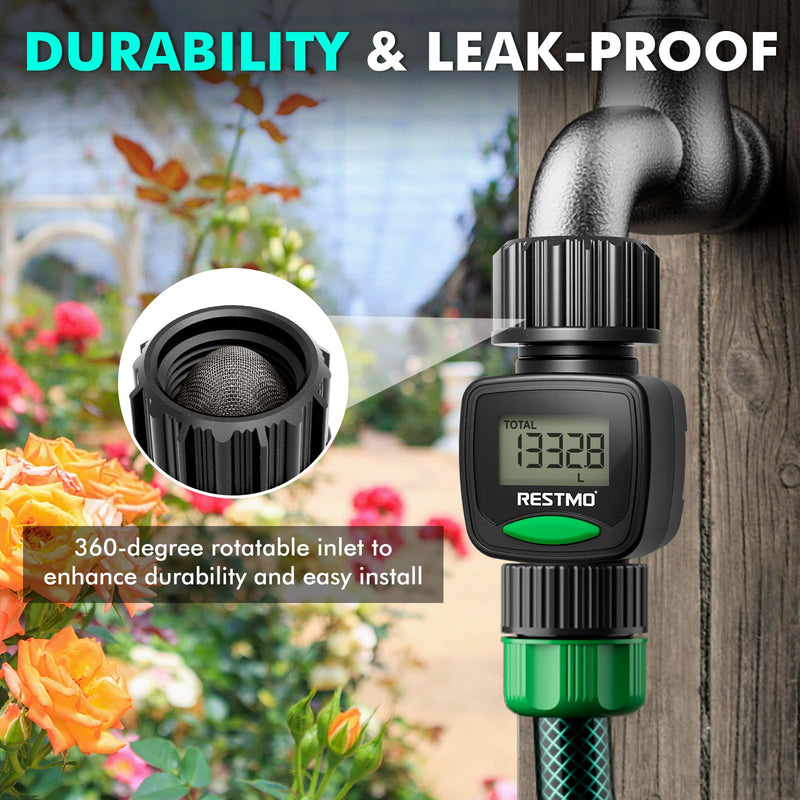 RESTMO Water Flow Meter, High Measure Accuracy, Measure Gallon/Liter Consumption and Flow Rate for Outdoor Garden Hose Watering, RV Water Tank Filling, Lawn Sprinkler and Nozzle Sprayer 1 Pack