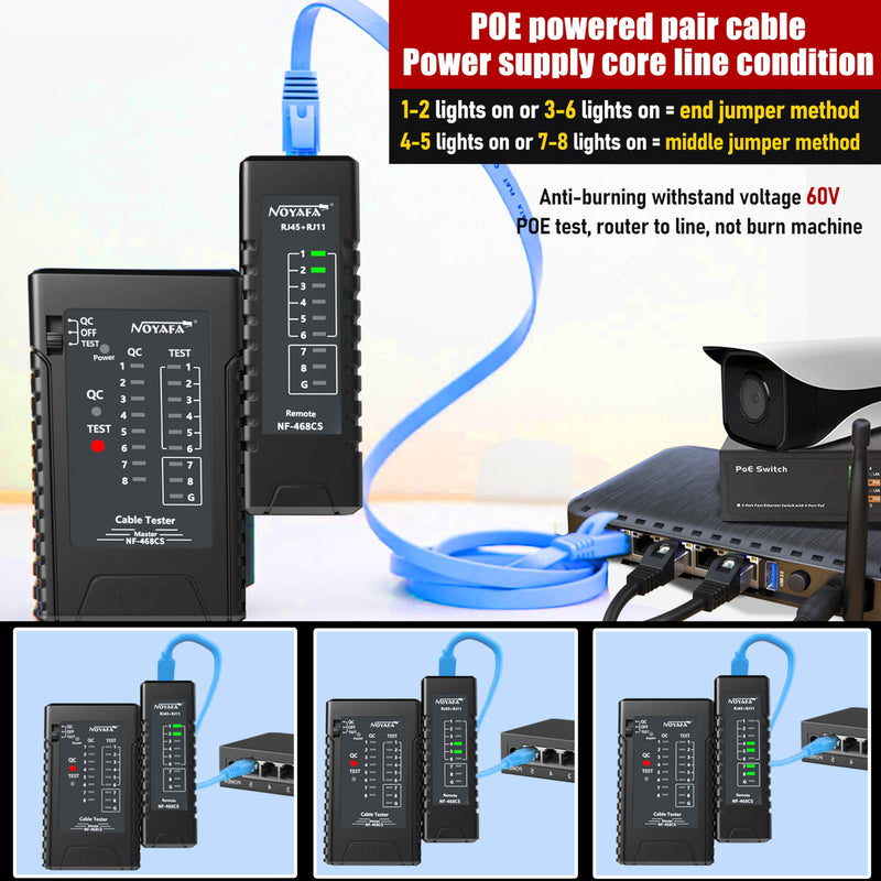 [Australia - AusPower] - NF-468CS Network Cable Tester,RJ45/RJ11/CAT5/CAT6/CAT5E/CAT6A/ CAT7/POE Test UTP/STP Continuity Tester Ethernet Cable Mapper Phone Line CAT3, Ethernet Cable Tester, LAN Cable Test Network Tools Black 