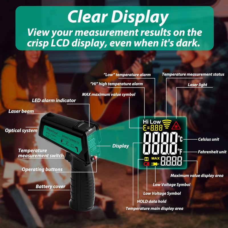 [Australia - AusPower] - Infrared Thermometer, K-Type Thermocouple Laser Temperature Gun Adjustable Emissivity Max Measure, Non Contact Surface Outdoor Heat Gun, Digital IR Temp Gun for Food, Cooking, BBQ, Pizza Oven 