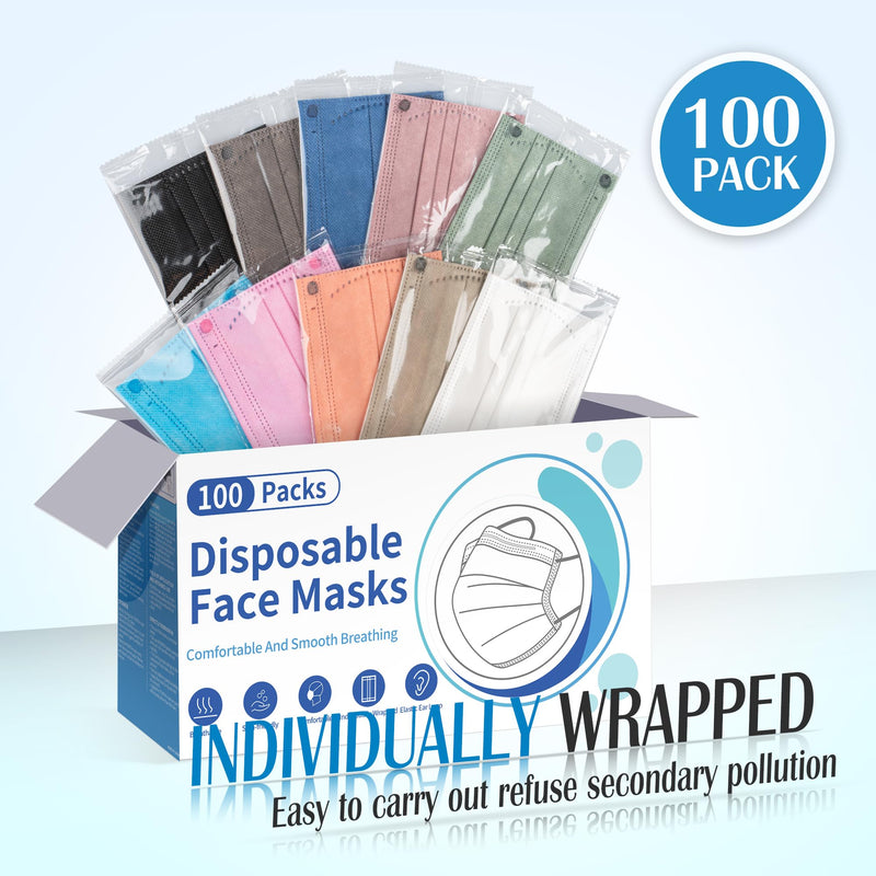 [Australia - AusPower] - Disposable Face Mask For Adults - 100 Pack Individually Wrapped,4 Ply Protection Face Masks,Colorful Face Masks Disposable Colorful 