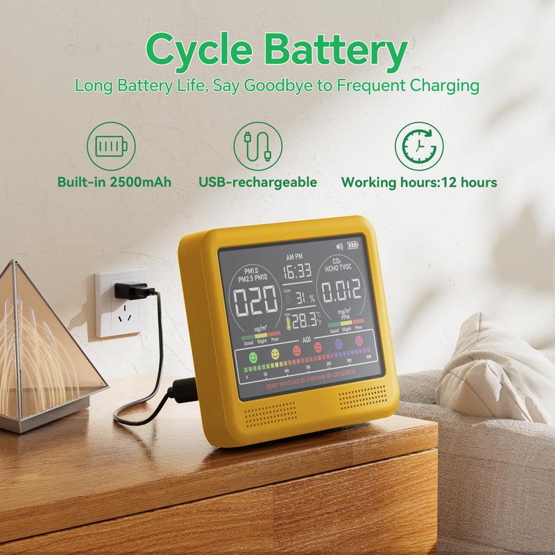 16-in-1 Indoor Air Quality Monitor with PM1.0,PM2.5,PM10,CO2,HCHO,TVOC,Temperature,Humidity,Time Display &7 AQI Alarms – Professional Air Quality Tester for Home, Office & Indoor Use (Bright Yellow) Bright Yellow