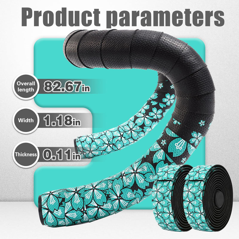 Bike Handlebar Tape EVA (Set of 2), Road Bike Handlebar Tapes, Handle Bar Tape for Road Bike, Cherry Blossom Pattern with 4pcs Handlebar End Plugs, Soft Comfortable-Enhance Your Bike Grip Black Green