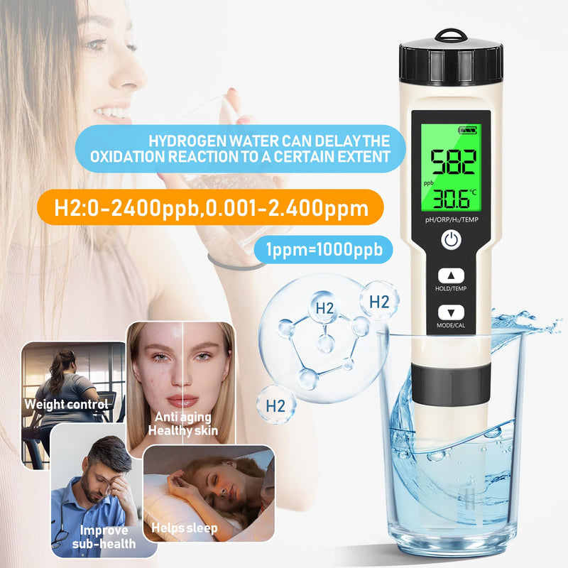 [Australia - AusPower] - Hydrogen Water Tester 4 in 1 PH,H2,ORP&Temp,pH Meter ORP Meter Hydrogen Tester for Water with ATC & Backlight,Accurate Hydrogen Water ppb/ppm Meter 