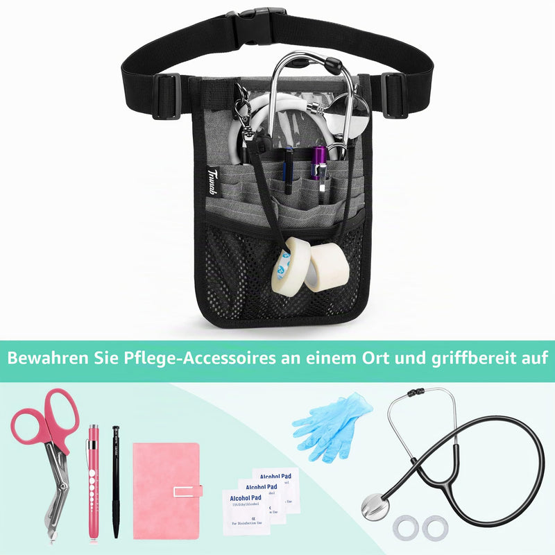 Trunab Nurse Belt Bag with Multiple Compartments, Grey | Organiser for medical accessories such as scissors, tape, stethoscope, thermometer, nursing bag Gray