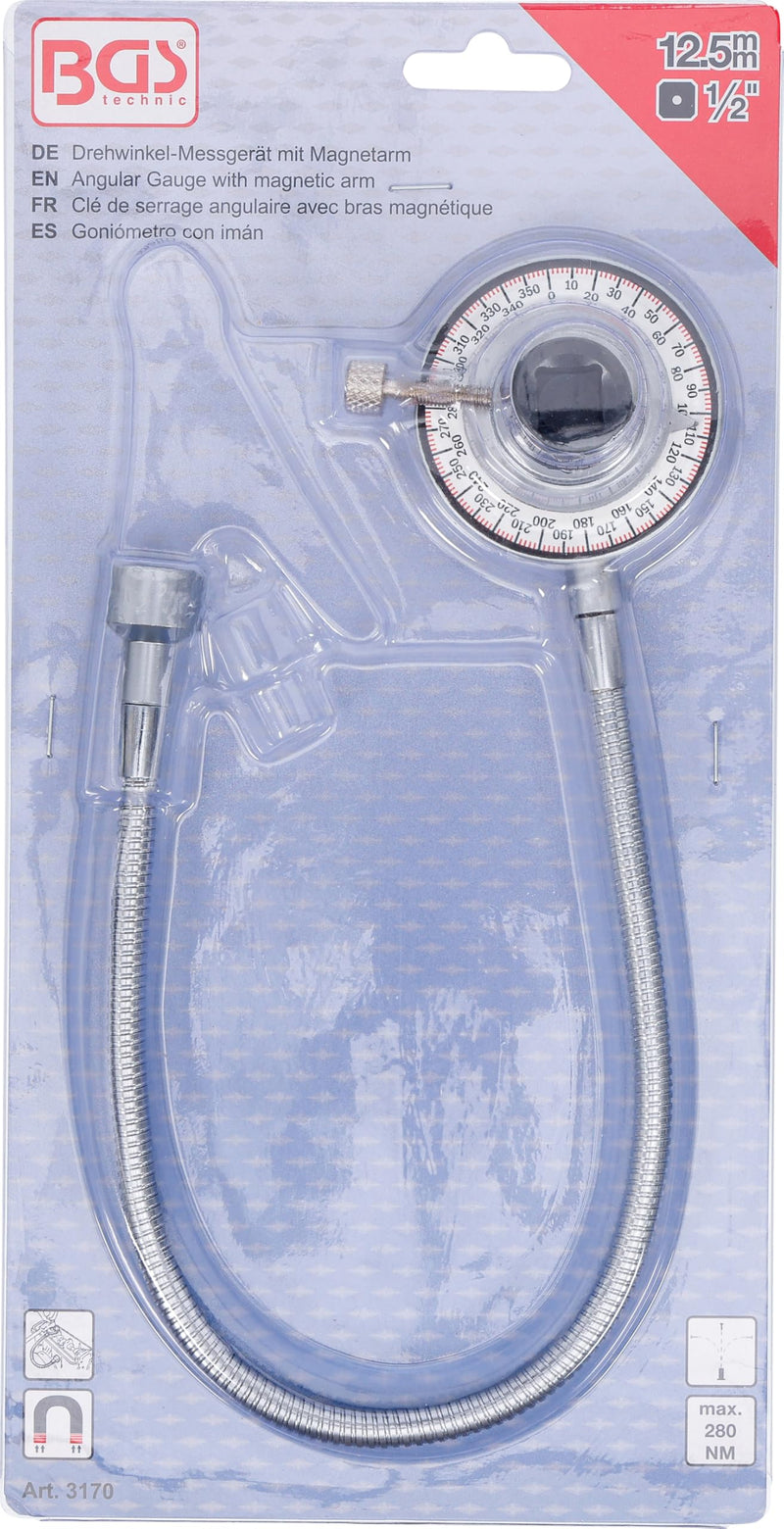 BGS 3170 Angular Gauge with Magnetic Arm, Multi-Colour, 1/2-Inch | Drive internal square 12.5 mm (1/2 inch) | max. Load capacity: approx. 280 Nm, angle controlled suit With magnetic arm 12.5 mm (1/2 inch)