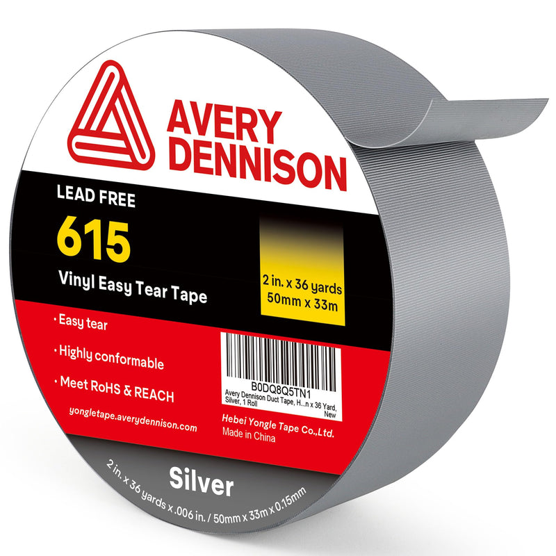Avery Dennison Duct Tape, Heavy Duty PVC Easy Tear Tape, Strong Adhesive Waterproof Duct Tape for Indoor Outdoor Repairs, 2 in x 36 Yard, Silver, 1 Roll 2 in x 36 Yard(615)