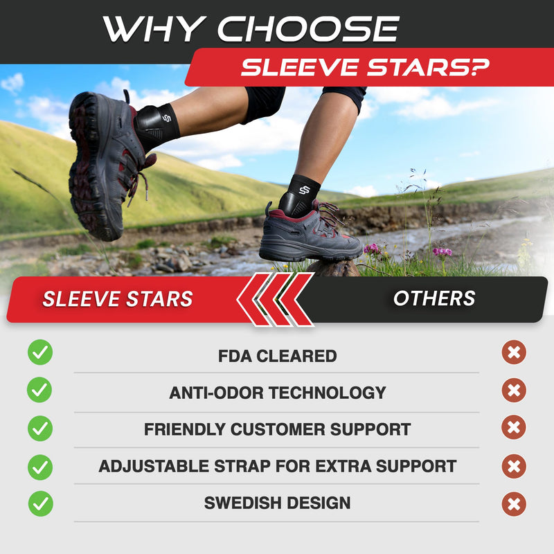 [Australia - AusPower] - Sleeve Stars Ankle Brace for Sprained Ankle, Plantar Fasciitis Relief Achilles Tendonitis Brace, Ankle Support for Women & Men with Strap, Heel Protector Wrap for Pain & Compression (Single/Black) One Size Black 1 