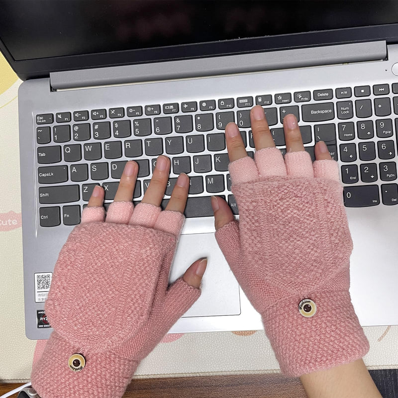 [Australia - AusPower] - Women's & Men's USB Heated Gloves Mitten Full & Half Fingerless Winter Hands Warmer Laptop Gloves Pure Pink 