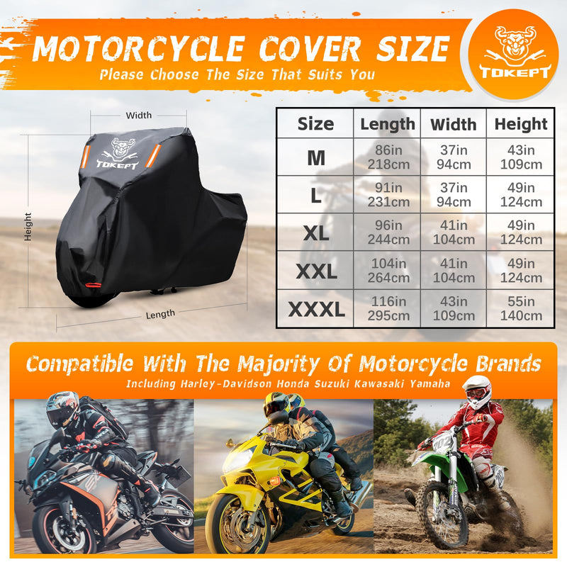 Motorcycle Cover Waterproof Outdoor, All Weather Protection with Night Reflective & Lock-Holes, Fits up to 86" Cruisers, Sportbikes, Dirt Bikes, Scooters M-86 inch