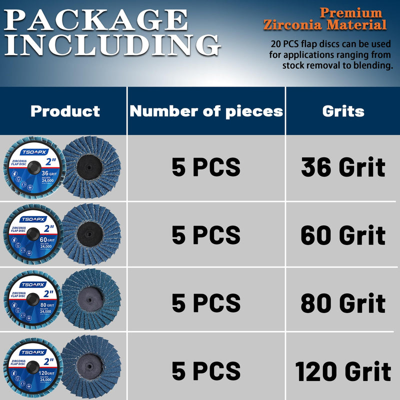 [Australia - AusPower] - 20 PCS Flap Discs Set, 2" Zirconia Roll Lock Die Grinder Sanding Disc Sandpaper Wheels Grit 36/60/80/120, Flap Wheel for Wood & Metal Sanding 20PCS Flap Discs 