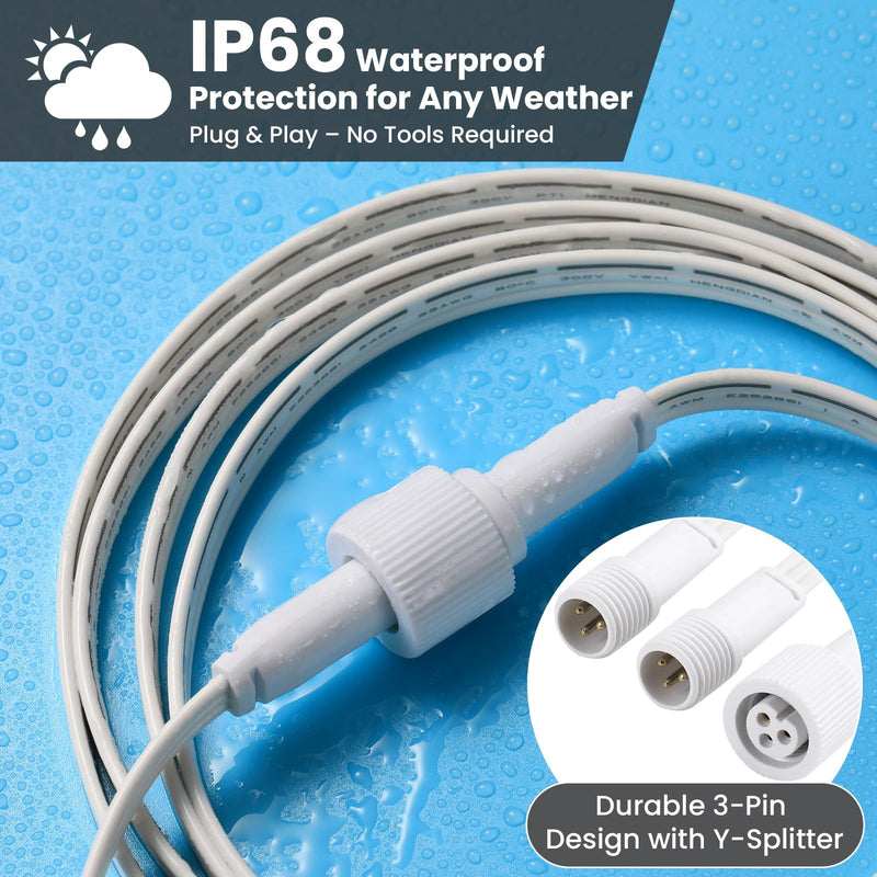 16.3FT Permanent Outdoor Lights Extension Cable for Go-vee H705A H705B H705C H706A H706B H706C,IP68 Waterproof Extension Cord, 3 Pin Power Cord 1FT Y-Shaped Extension 16 Ft Extension Cable